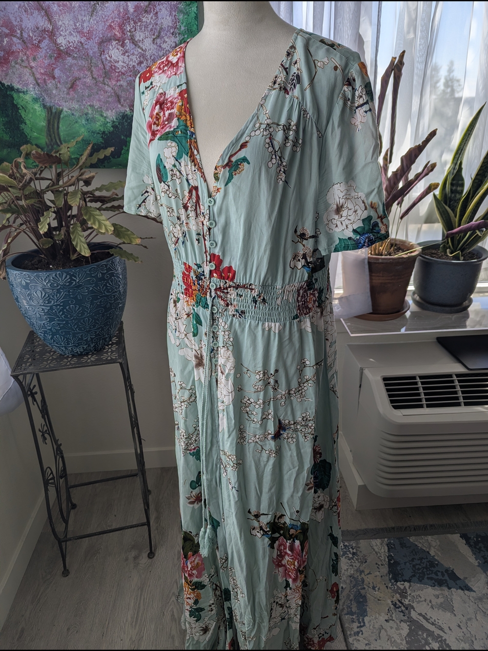 Light Blue Floral V-Neck Maxi Dress
